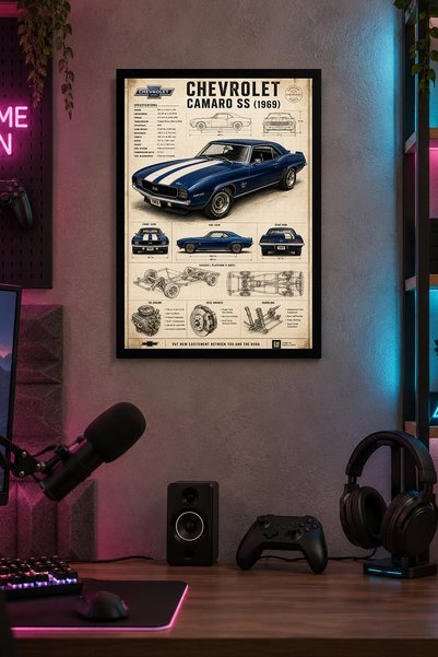 ONYXLAB Mavi Klasik Otomobil Posteri Desenli Dekoratif MDF Tablo, Çerçeve Gör...