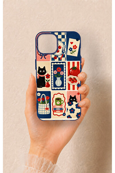 Vip Case iPhone 13 Uyumlu Sevimli Kedi ve Çiçek Desenli Silikon Kılıf