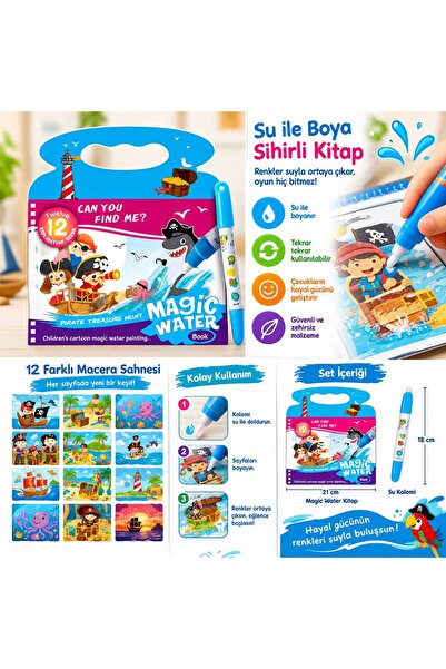 Magic Water Korsanlar 4 Sayfa Sihirli Boyama Kitabı Özel Sulu Kalem ile Water...