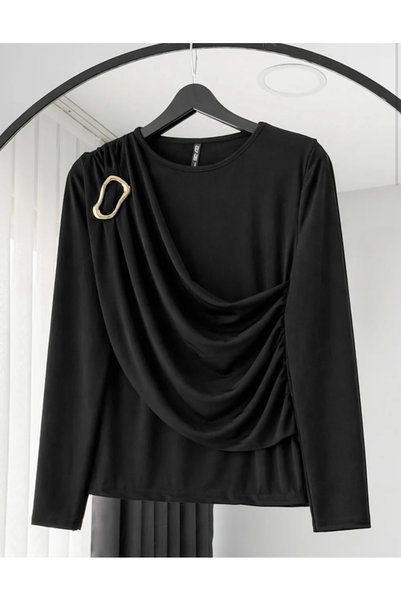 Wishstyling Tokalı Fular Detay Gold Aksesuarlı Bluz