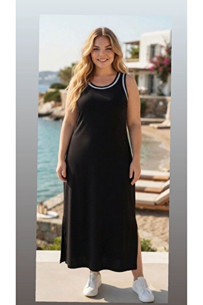 Siyah Kalın Askılı Yaka Beyaz Biyeli Likra Özellikli Pamuklu Maksi Boy Günlük Elbise
