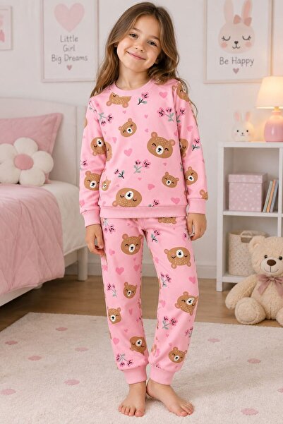 Kız Çocuk Pamuklu Pembe Ayıcık Desenli Uzun Kollu Mevsimlik Pijama Takımı