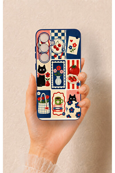 Vip Case Samsung S24Fe Uyumlu Sevimli Kedi ve Çiçek Desenli Silikon Kılıf