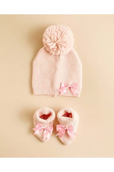 REDTAG Girls Knitted Beanie & Booties Set with Bows