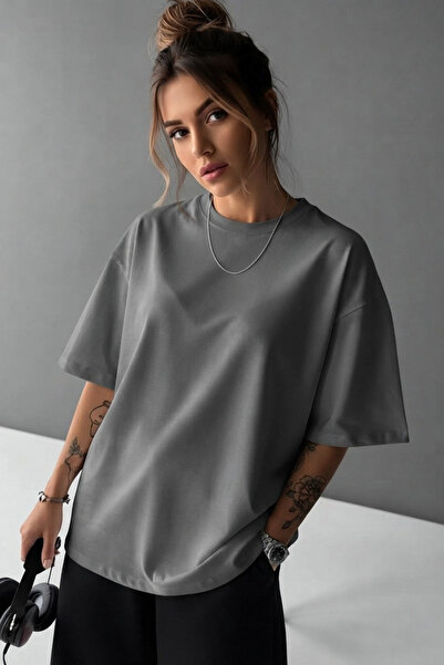 Flubutik Women's Smoked Basic 100% Organic Cotton Relaxed Fit Round Neck T-Shirt
