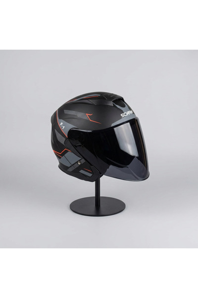scharf 528 Siyah Vizörlü Yarım Motosiklet Kaskı - Güneş Camlı Açık Kask (G1)