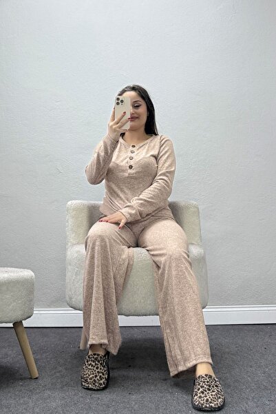 BELENDİR Women's Soft Buttoned Collar Home Wear Set Brown