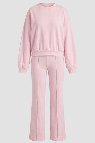 Crep Striped Trousers Detail Crop Set - Pink Pink