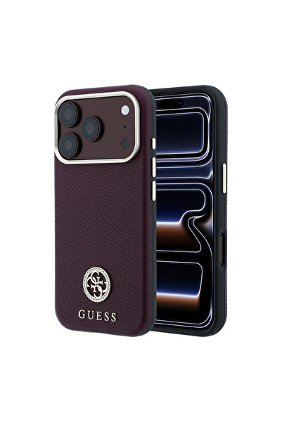 Guess iPhone 18 Pro Kılıf Lisanslı M-safe Özellikli PU Taşlı Metal 4G ve Yazı...