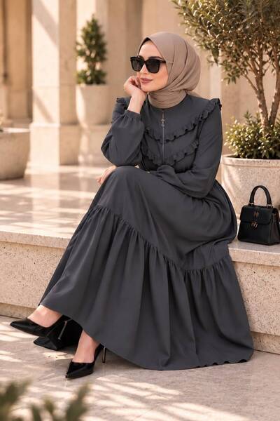 MODA ESRE FASHION KAP FERACE ÖN ROBA FIRFIRLI KOL AĞZI LASTİKLİ ETEK BÜZGÜLÜ KOYU GRİ KREP KUMAŞ
