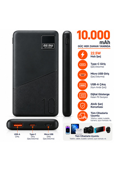 FABRON 10.000 mAh Pd 22.5W Süper Hızlı Şarj Powerbank Dijital Göstergeli Çift...