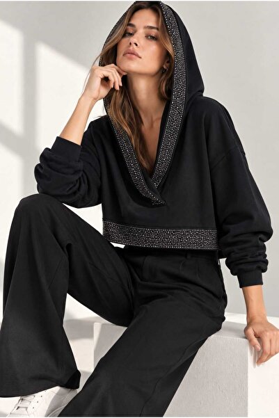 Yumey Kadın Kapüşonlu Taş İşlemeli Kısa Sweatshirt