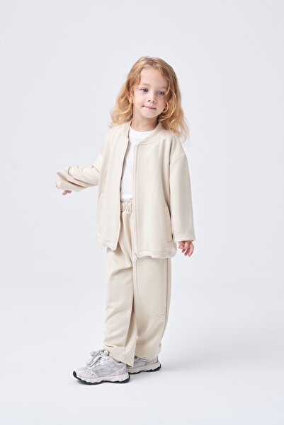 EBU Prive Unisex Children's Zippered Jacket and Pants Set Beige