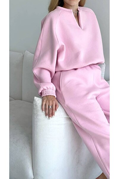 Machetta Kadın Hakim Yaka V Detaylı Oversize Sweatshirt ve Lastik Paça Eşofman Altı 2'li Takım