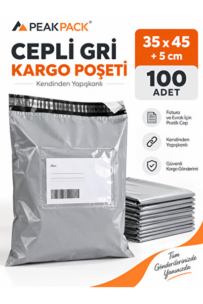 PEAKPACK Cepli Gri Kargo Poşeti 35x45+5 cm 100 Adet Kendinden Yapışkanlı Büyü...