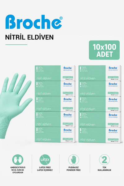 Broche PUDRASIZ NİTRİL ELDİVEN TURKUAZ YEŞİLİ/TEAL GREEN 6'LI PAKET