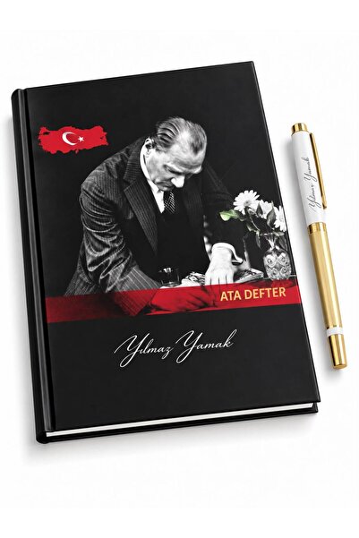 Halk Kitabevi Kişiye Özel Öğretmenler Gününe Özel 17x24 Atatürk Ciltli Defter Tarihsiz ve 1101 Gold Kalem