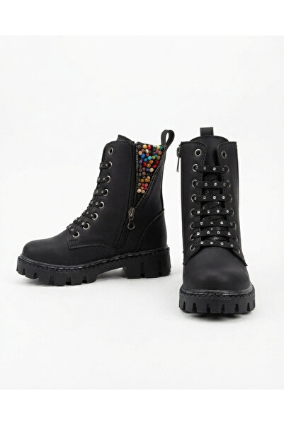 Enes Ayakkabıcılık Children's Bead Embroidered Lace-Up High Sole Boots