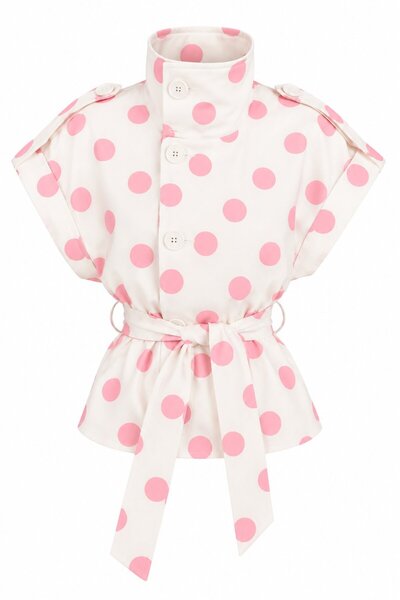 Laluvia Ecru Pink Epaulettes Polka Dot Belted Vest - 504364