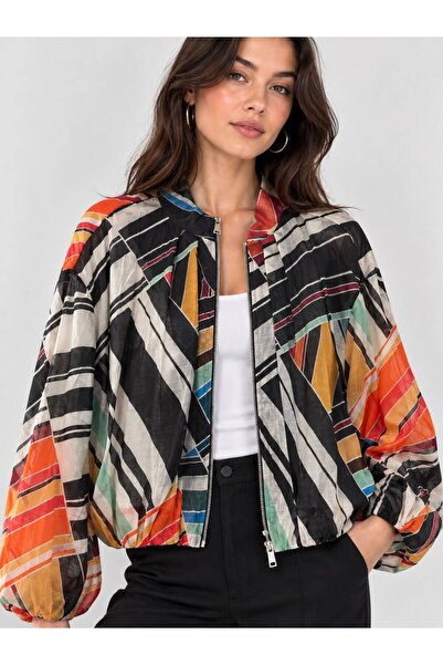 Olbia Women's Black Patterned Chiffon Lined Bomber Jacket