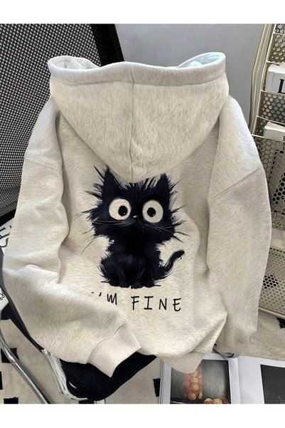 MITHRAS OUTDOORS Unisex Gray Fine Cat Back Print Hooded Sweatshirt Printed Pr...
