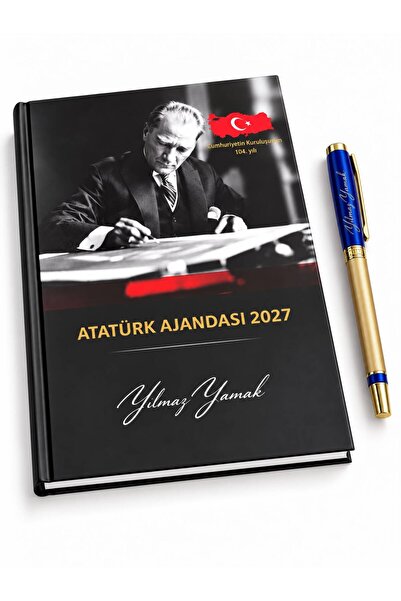 Halk Kitabevi Kişiye Özel 2027 Atatürk Ciltli Ajanda ve 1101 Gold Kalem Y35