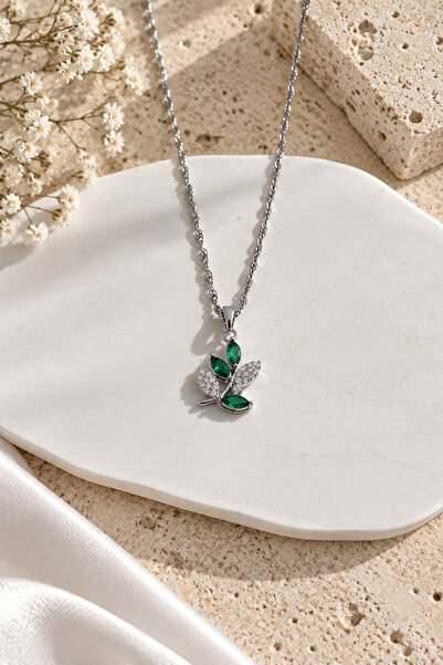 PELKAN ATELİER Elegant Women's Necklace with Green Stone Leaf Detail
