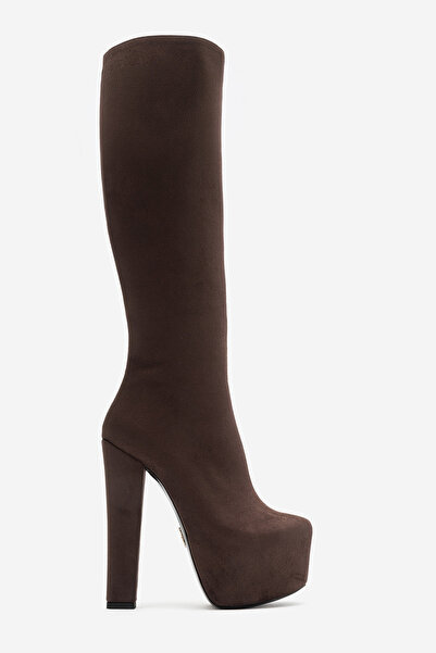 Ayakkabı Ateşi Women's High Heeled Platform Zippered Brown Suede Boots Loli