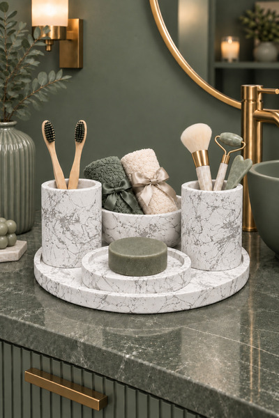 betonmall 5 Parça Mermer Desenli Beton Banyo Seti Diş Fırçalık Takılık Havlul...