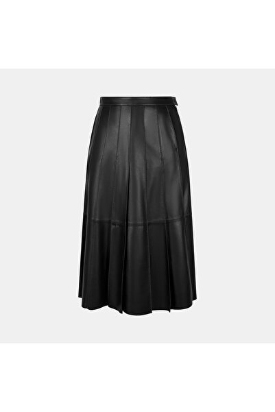 Desa Women's Black Pleated Midi Leather Skirt with Stitching Detail