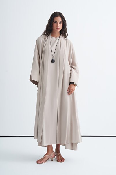 EBU Prive Women's Modal Sleeve Detailed Dress Abaya Set Light Beige
