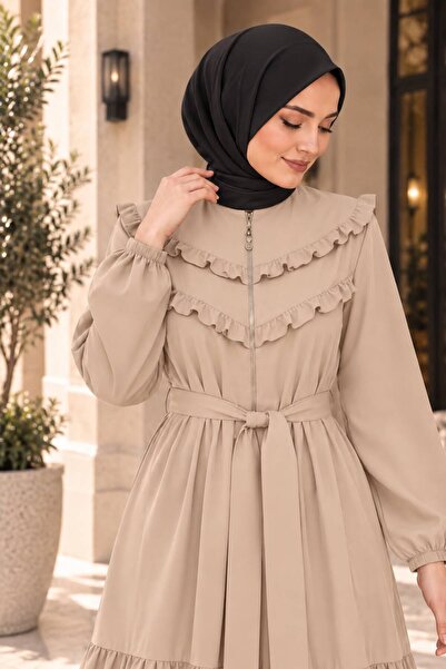 MODA ESRE FASHION KAP FERACE ÖN ROBA FIRFIRLI KOL AĞZI LASTİKLİ ETEK BÜZGÜLÜ BEJ KREP KUMAŞ