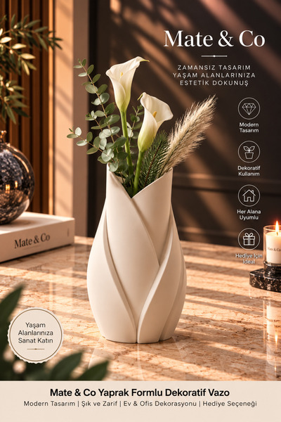 Mate&Co Yaprak Formlu Şık Tasarım Dekoratif Vazo