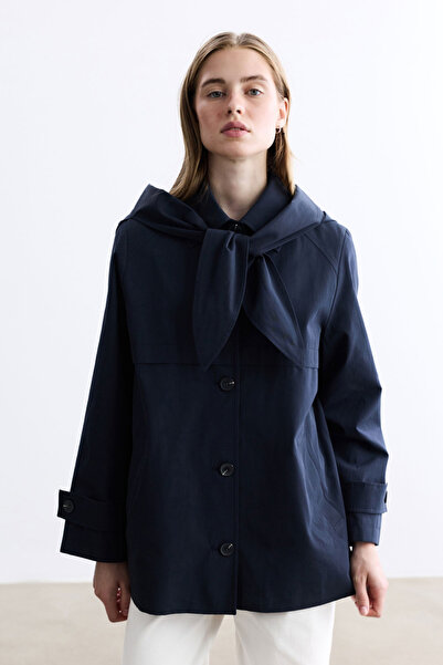 BE BLUE Dark Blue Removable Hooded Trench Coat