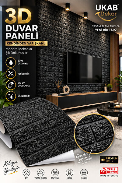 UKAB DEKOR 70x77 Cm Kendinden Yapışkanlı 3d Siyah Tuğla Desen Duvar Kaplama P...