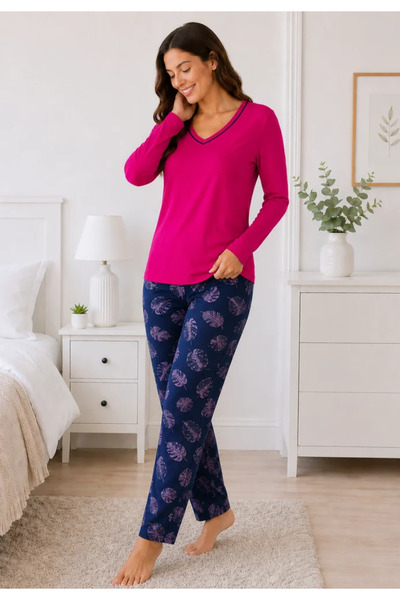 TOSKI Pijama dama fucsia/Bleumarin, bluza cu maneca lunga si guler V, pantalo...