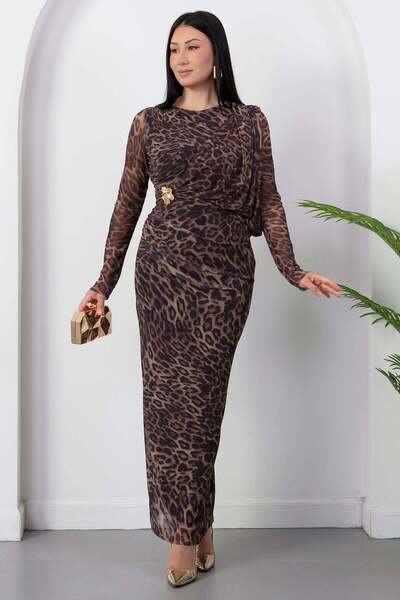 PULLIMM Crew Neck Buckle Long Sleeve Leopard Dress Grs4159