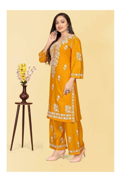 MYSMAR Mustard Yellow Rayon Cotton Embroidered Kurta Palazzo Set - PMM14798 |...