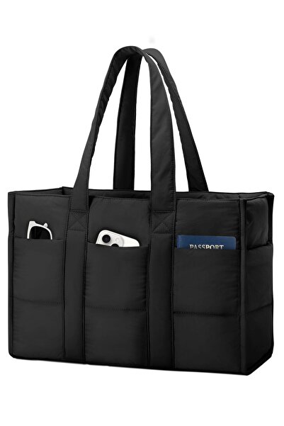 oscaurt Τσάντα Puffer Shopper Tote 16 Τσέπες Θήκη Laptop Αδιάβροχη – L Μαύρο