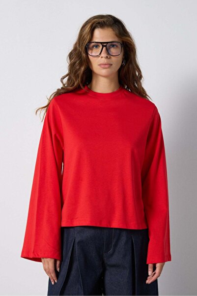 mina aise Crop Geniş Kol Oversize Basic T-shirt Kırmızı 30059