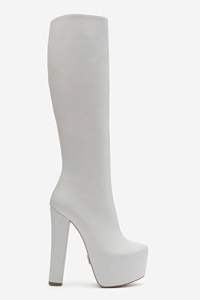 Ayakkabı Ateşi Women's High Heeled Platform Zippered White Leather Boots Loli