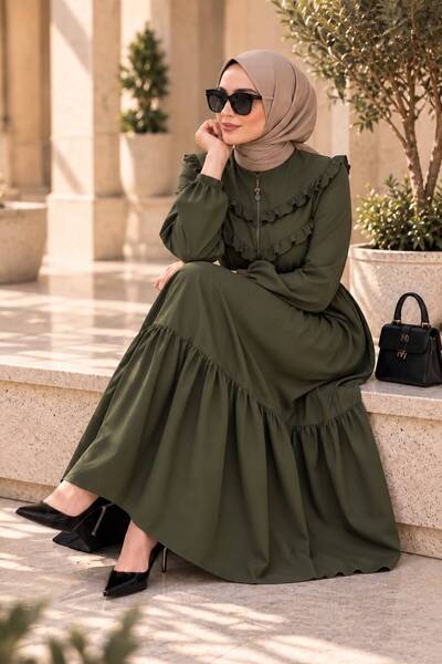 MODA ESRE FASHION KAP FERACE ÖN ROBA FIRFIRLI KOL AĞZI LASTİKLİ ETEK BÜZGÜLÜ HAKİ YEŞİL KREP KUMAŞ