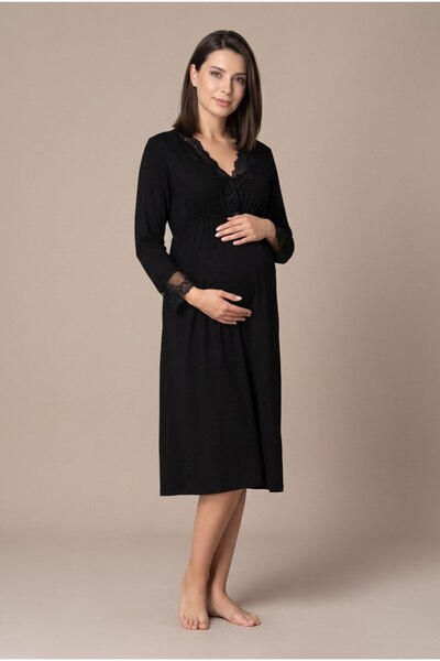 LOHOUSE Women's Black Lace Long Sleeve Maternity Nightgown Set for Easy Breas...