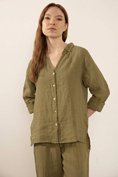 İpekçi Otantik Linen Classic Women's Shirt Khaki