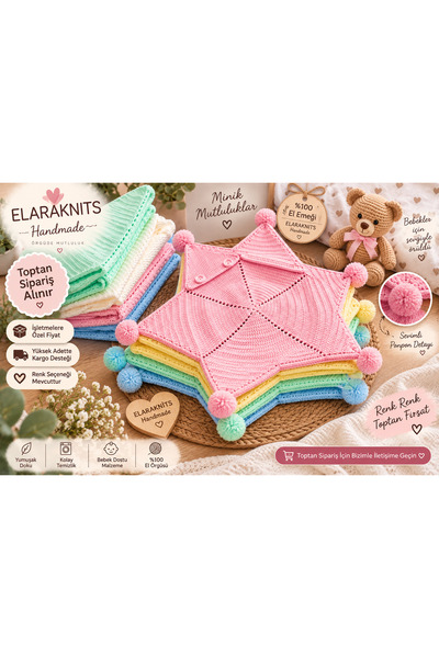 elara knits hand made Elaraknits Hand Knitted Star Baby Blanket with Pompom D...