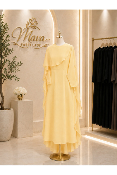 Mava Lady Kadın Pastel Sarı Pelerin Detaylı Şık Elbise