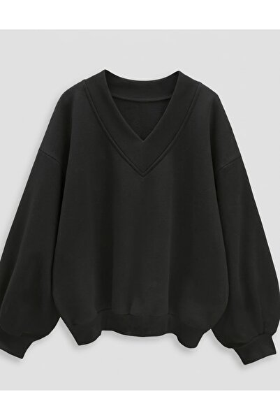 LADY HAZAL Black Unisex V-Neck Oversize Molded Fabric Sports Sweatshirt Hzlvd...