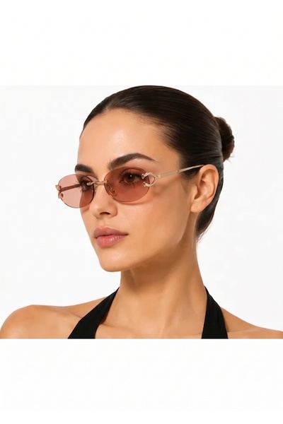 MissBella Eyewear -Vintage Tarzı Çerçevesiz Oval Pembe Kadın Güneş Gözlüğü - ...