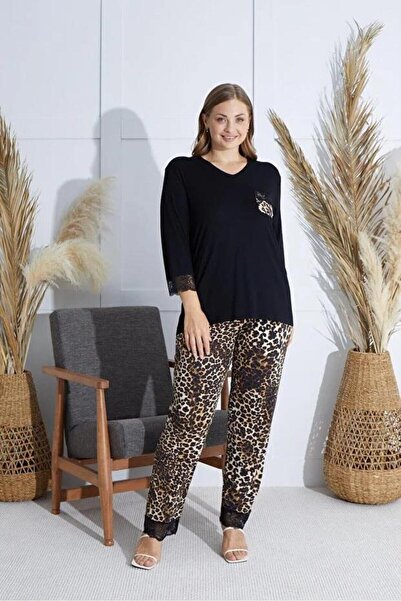 Sevim 15507 Black Leopard Lace Detailed Plus Size Pants Pajama Set
