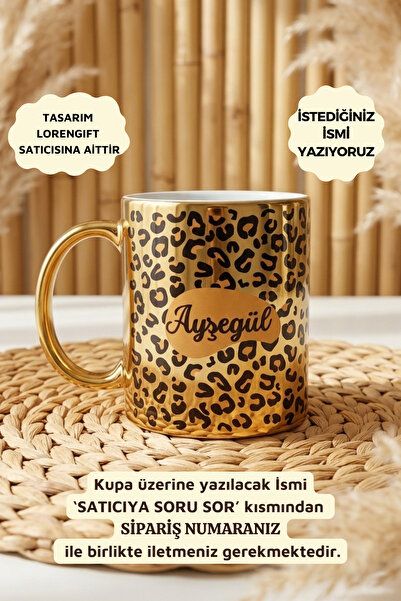 Loren Gift Leopar Temalı Kişiye Özel İsimli Porselen Gold Kupa 300 ml
